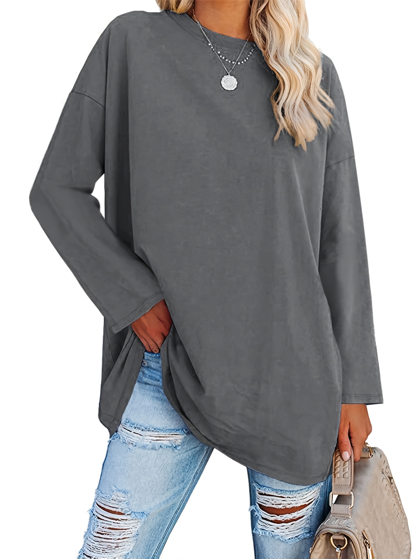 Moterys ilga marškinėlė, oversize, ilgi rankoviai, apykaklė/T-Shirt/Puloveris/Pradinė tunika