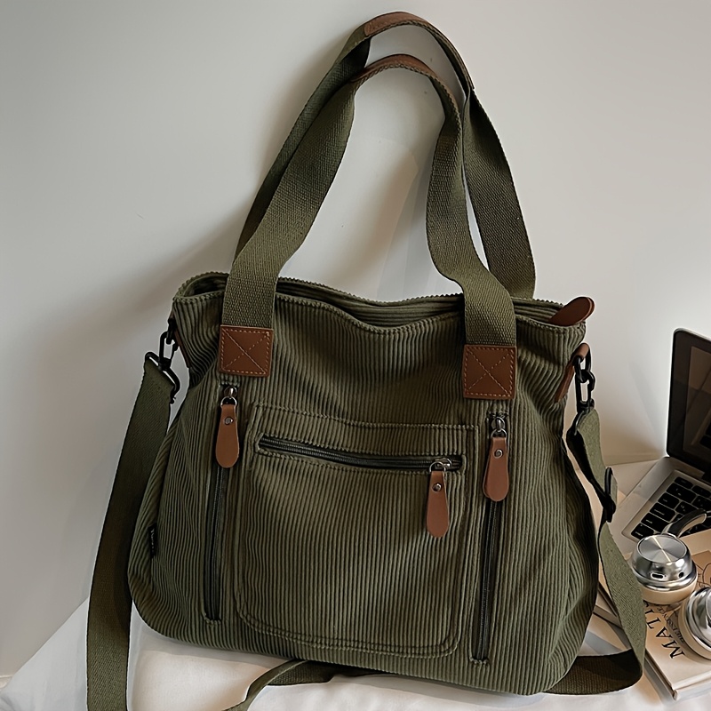 Image of Retro Practical Women's Body Bag - Corduroy Fabric, Multi-pocket Multifunctional Shoulder Bag | Handbag, Large Capacity Design, Suitable For Daily Work , Casual Shopping, Short Trips