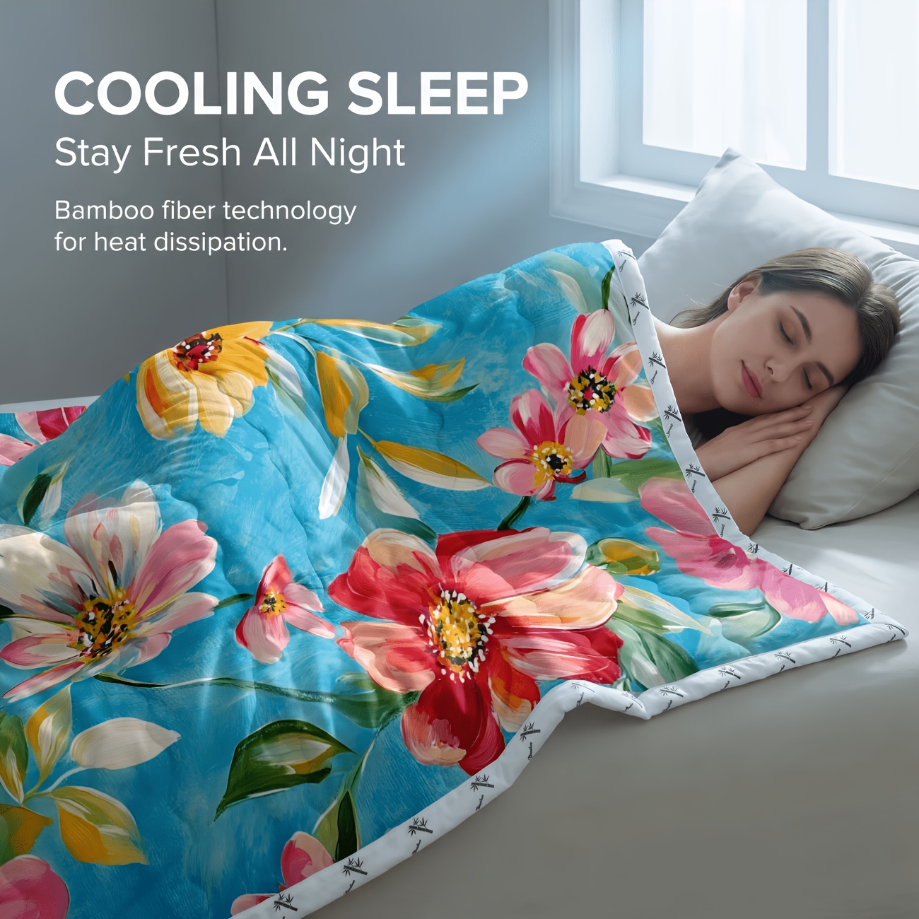 TEMU 1pc Bamboo Cooling Comforter, Reversible Cooling And Warm Summer Comforter, Floral Printed Summer Bedding, Switchable Temperature Control,