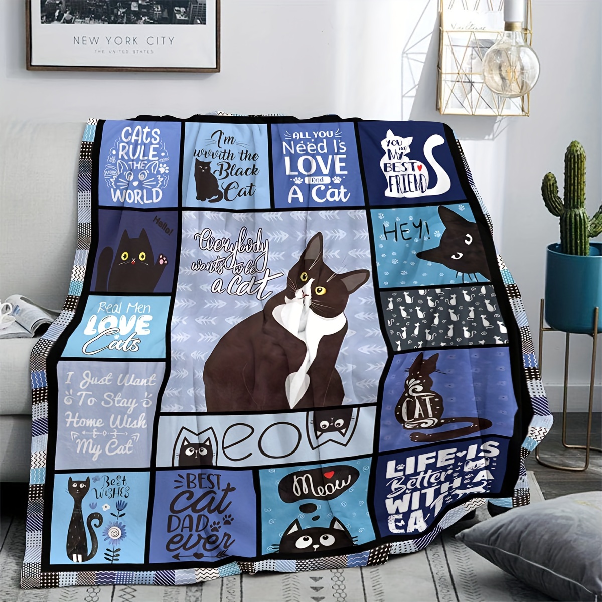 TEMU 【商品名】ポリエステル デジタルプリント 、可愛い黒猫柄スロー、快適なソフト、小型スロー、昼寝、ギフト、多目的昼寝、