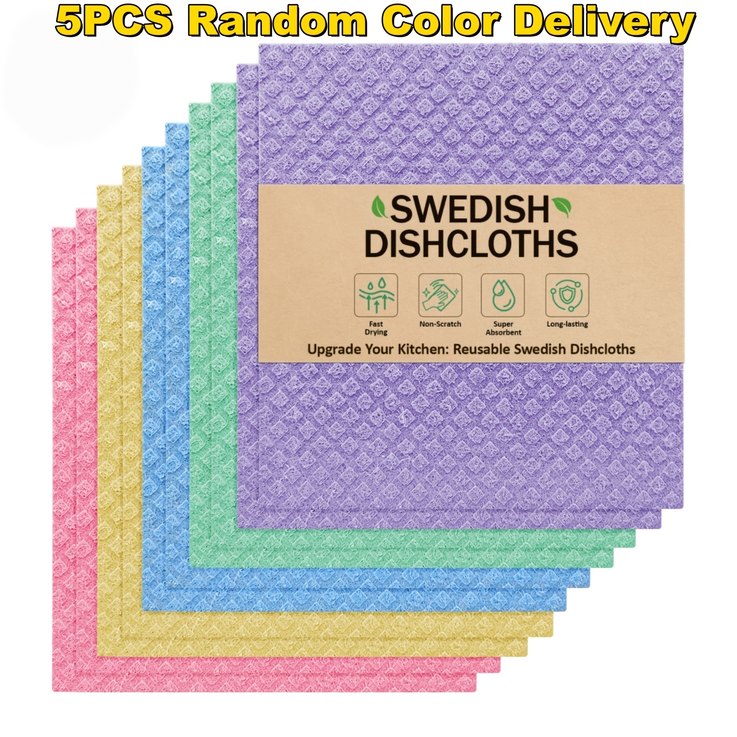 TEMU Torchons de cuisine suédois 5 pièces, éponge à vaisselle pour plans de travail et vaisselle, essuie-tout réutilisables et absorbants, couleur