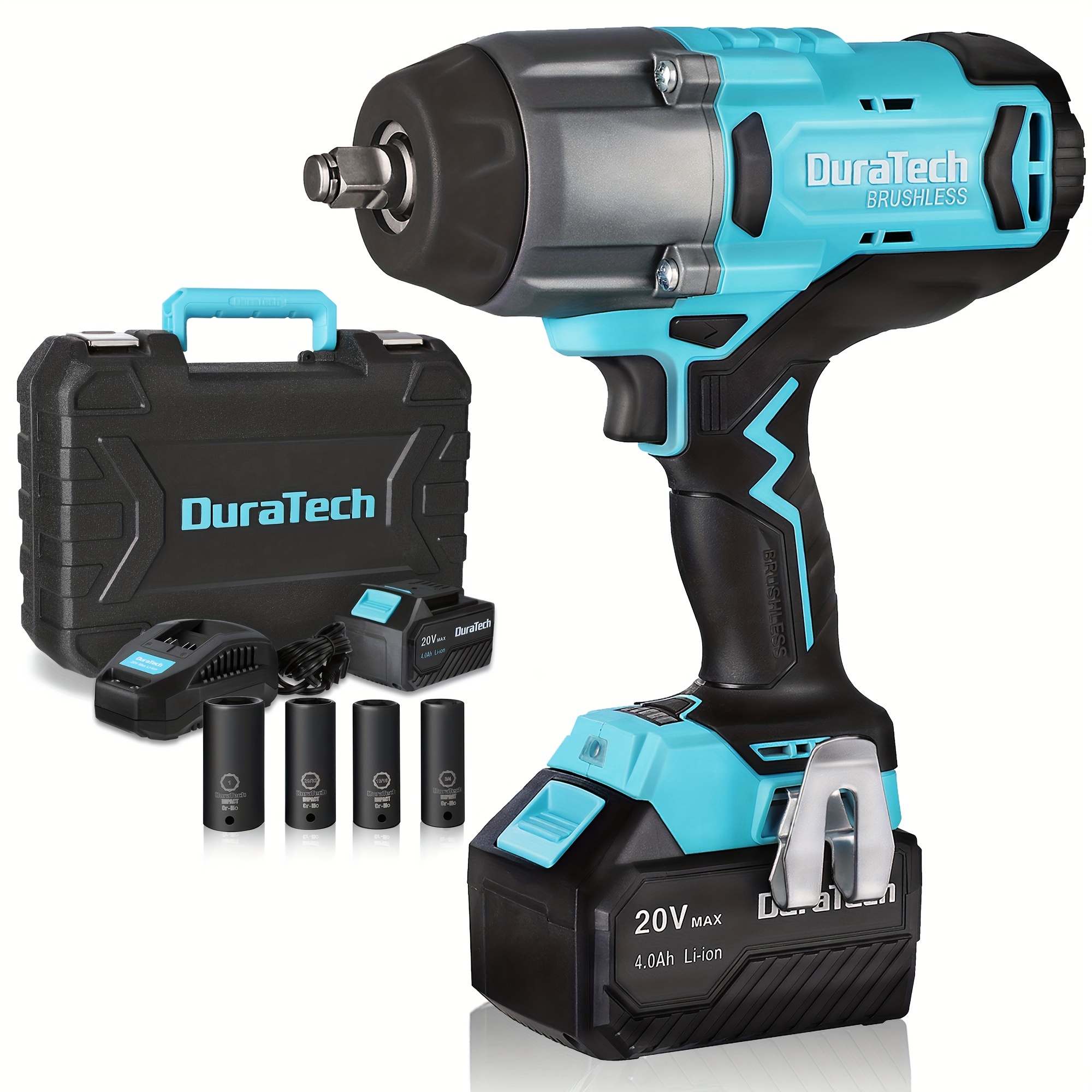 

Duratech 20v 1/2 Inch Cordless Impact Wrench, 600 Ft-lbs, Brushless Motor, 5 Settings, Fast Charge 4.0ah Li-ion Battery, Sockets Included (us Plug)