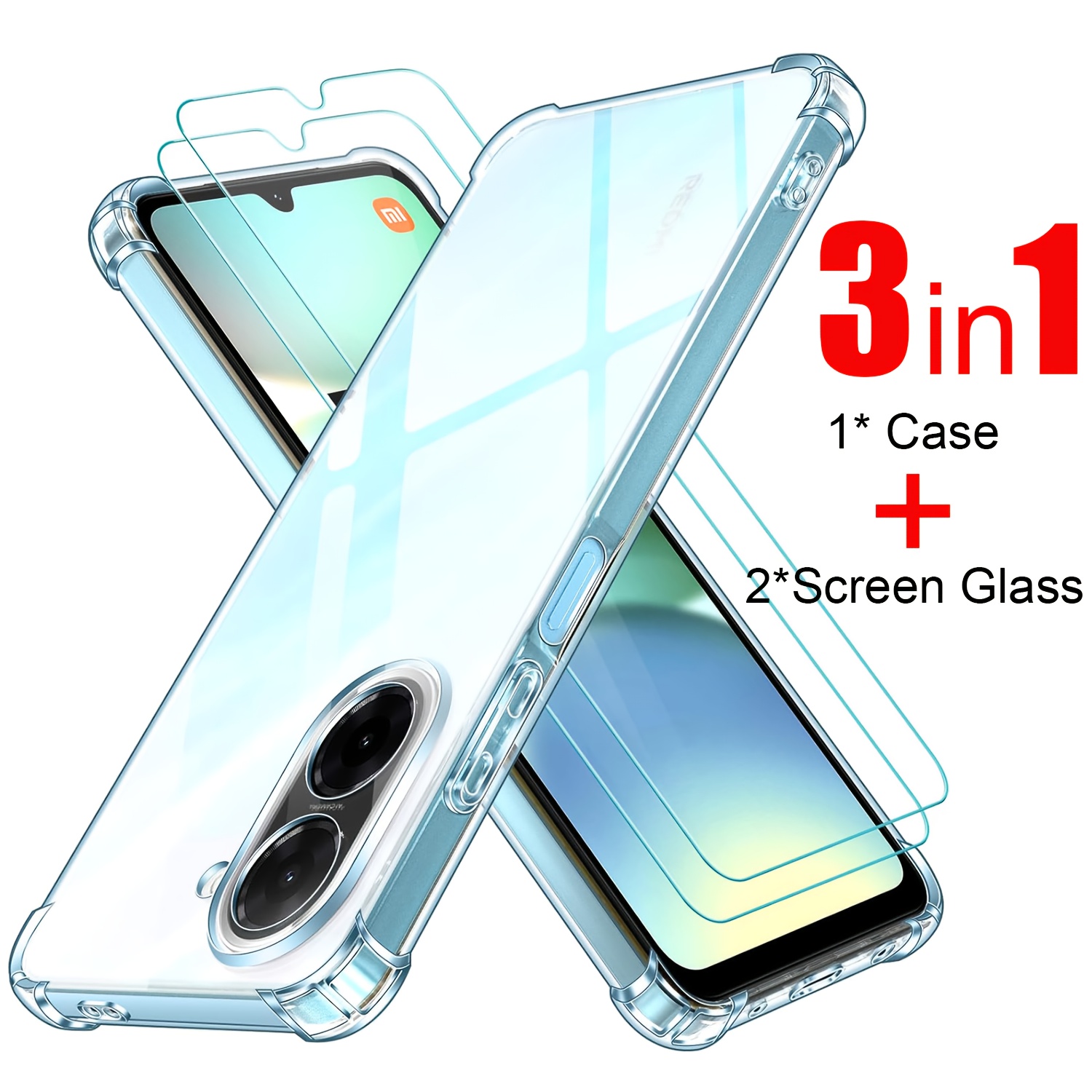 E-shop Handyhülle: 3-in-1 Hülle für Xiaomi Redmi A5 + 2 gehärtete Glas-Displayschutzfolien + 1 weiche TPU-Schutzhülle, klarer Schutz, 3-teilig