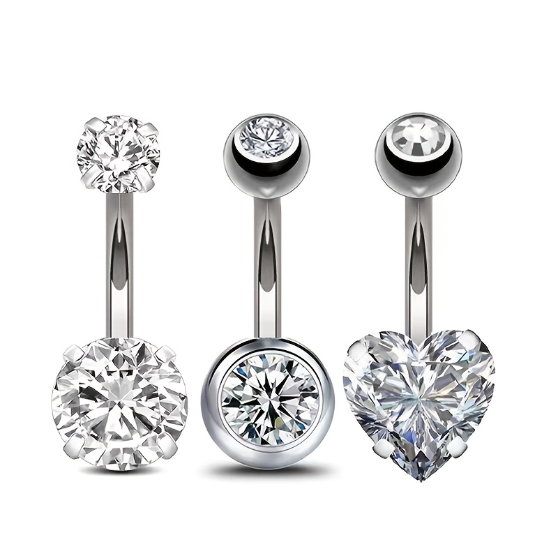 TEMU 3pcs Stainless Steel Double-ended Zirconia Heart Round Pave-set Piercing Jewelry Belly Button Ring Set