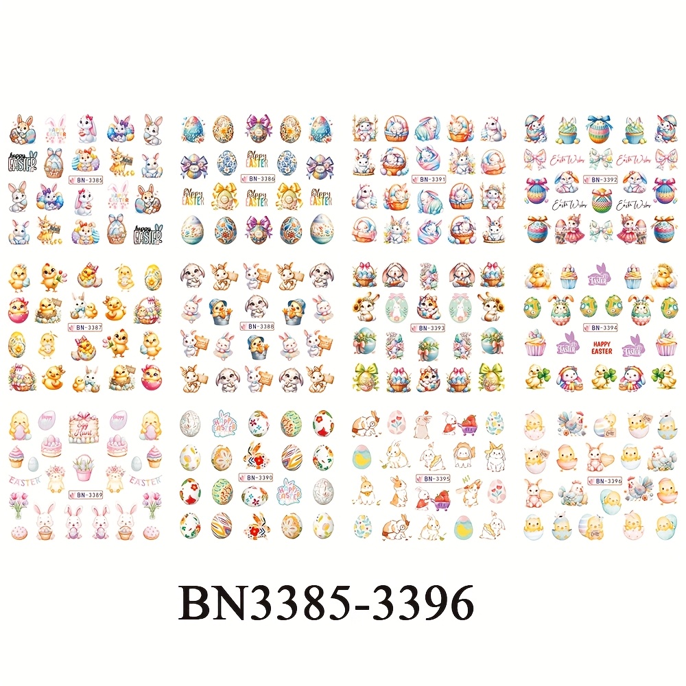 Easter Nail Transfer Stickers Featuring 12pcs Of Cute Cartoon Bunnies And Colorful Eggs, Perfect For Women's And ' Nail Decoration Supplies.