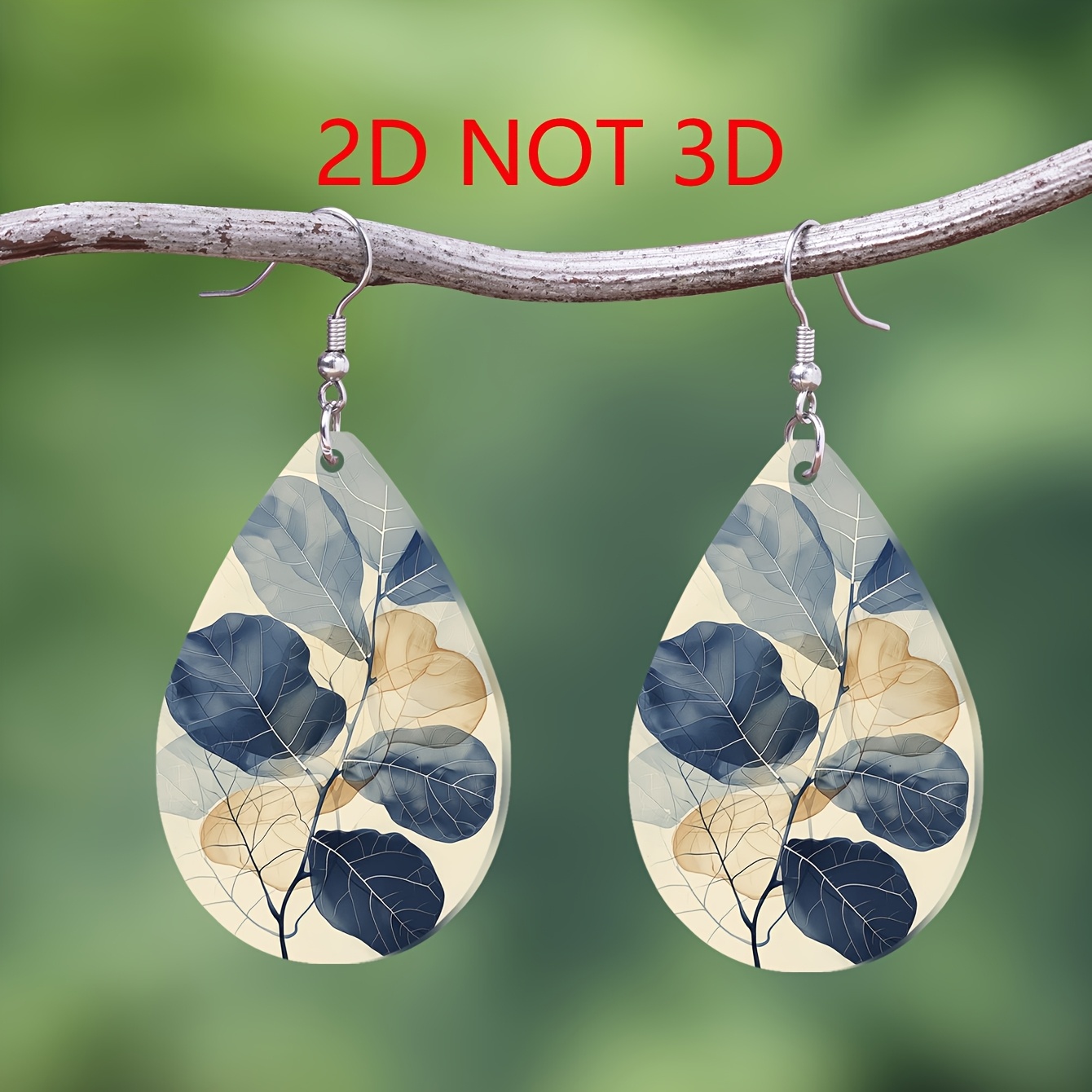 Beige Base Blue-Brown Sheer Leaf Pattern Teardrop Earrings