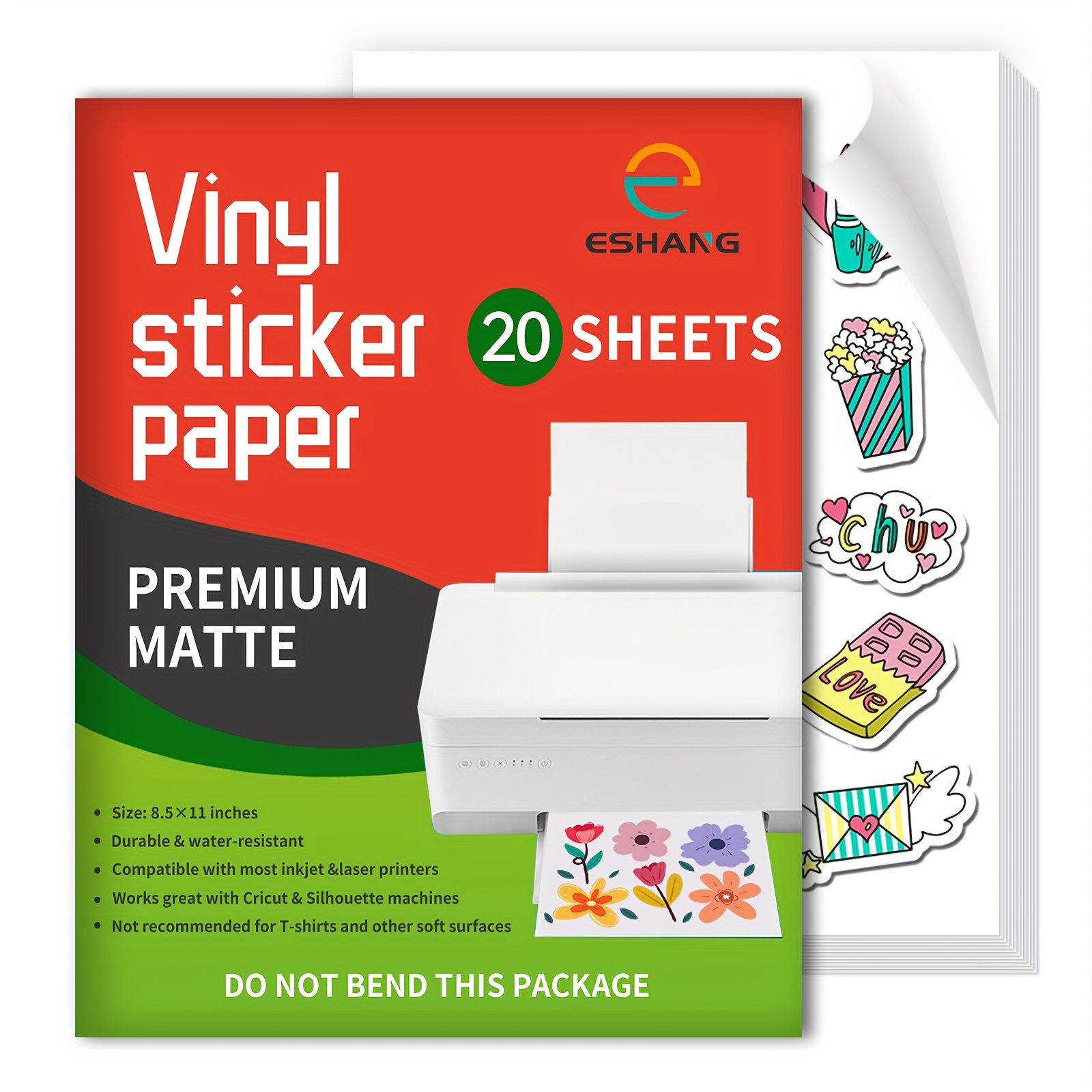 Image of Letter Size 8.5"x11" Printable Vinyl Sticker Paper For Inkjet Printer 20 Sheets Matte White Decal Paper Self-adhesive Sheets - Dries Quickly And Holds Ink Beautifully