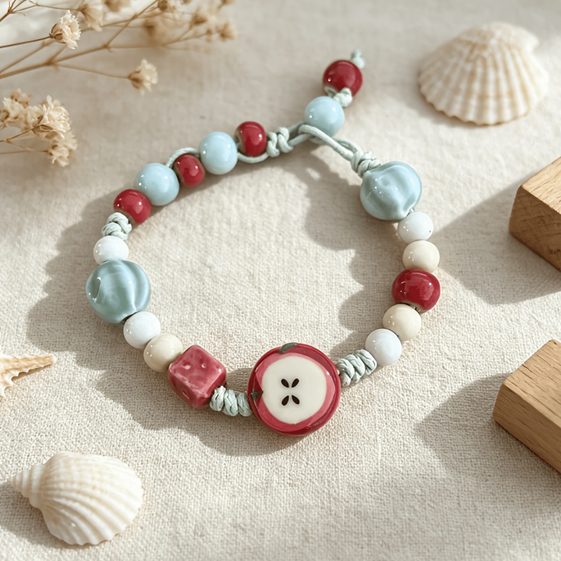 Bohemian Hand-Woven Ceramic Bead Charm Bracelet, Adjustable