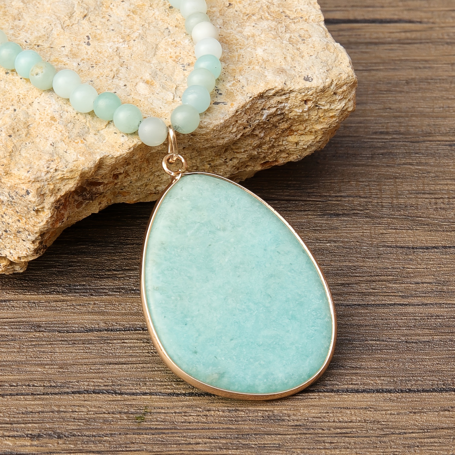 Amazonite Pendant Necklace with Golden-Tone Bezel