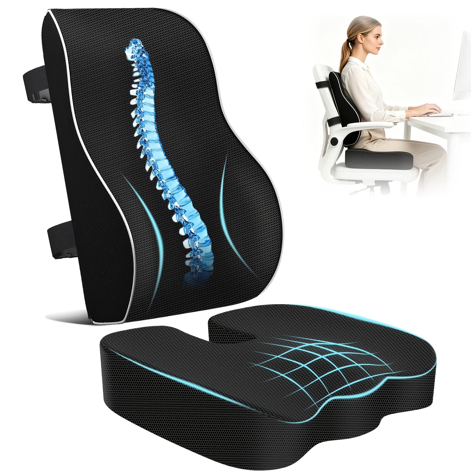 TEMU Office Chair Seat Cushion And Lumbar Support Pillow, Memory Foam Car Seat Cushion Back Support Pillow, Lightweight And Breathable Mesh-covered