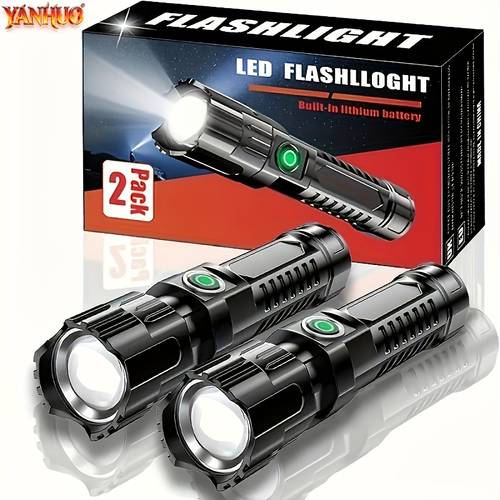 2pcs led flashlights rechargeable high 3 zoom portable camping flashlights for outdoor hiking hoe emergency built in lithium battery ip44