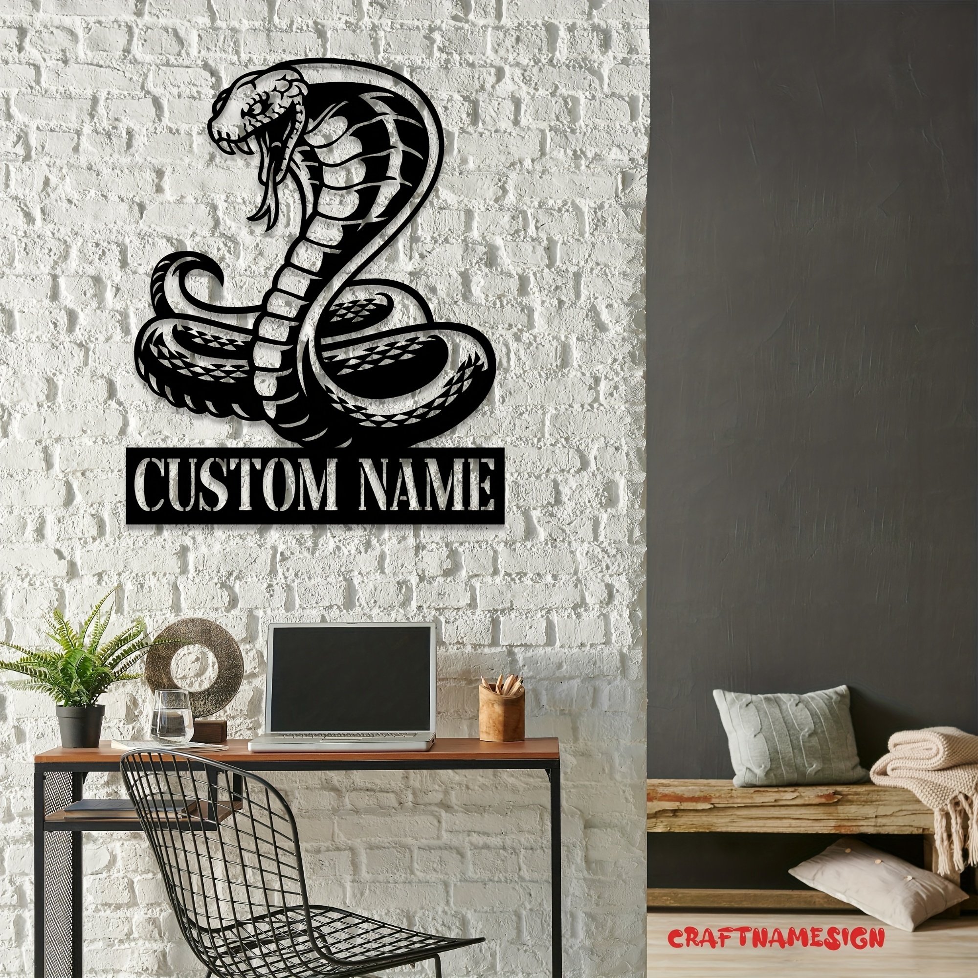 Personalized King Cobra Metal Wall Art Sign – Custom Name Decorative Plaque for Home, Office, or Gift – Black and White Snake Design with Textured Lettering, Perfect for Door, Wall, or Address Display, Snake Decor
