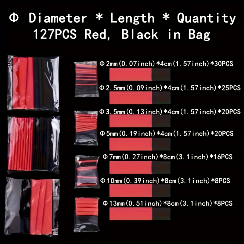 TEMU 127-teiliges Schwarz-Rotes Kabelschutz-Set, Schrumpfschlauch, Kabelschutz, 2:1 Verhältnis, Kabelisolierung, Korrosionsbeständiger Schlauch,
