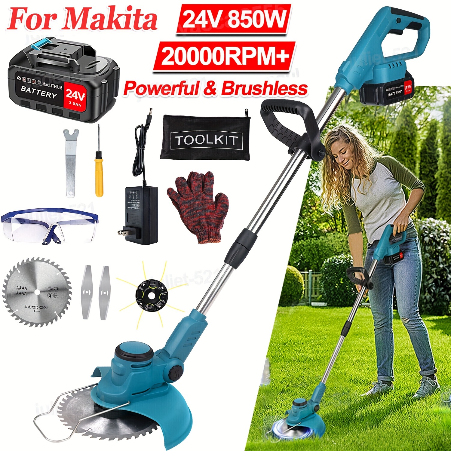 

24v Cordless String Trimmer, Cordless Edger Whacker Grass Eater Lawn Cutter Lawn Mower With Battery+charger For Garden, Yard And Lawn Edging, Hedge Trimming