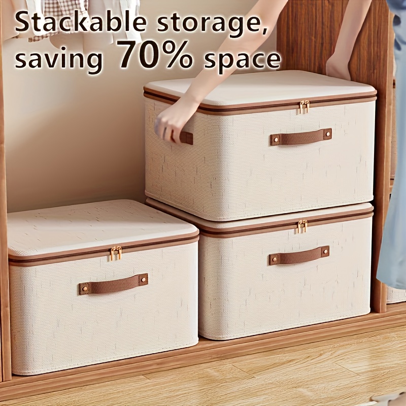 foldable linen storage box with double zippers and faux leather handle large capacity under bed storage basket with lid ideal for clothes sheets moving bags   bedroom dorm study closet laundry basket under bed storage