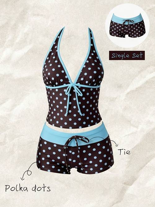 womens 2pcs polka dot tankini swimsuit brown and blue halter top with boyshort vintage tie front bathing suit modest swimwear for beach vacation