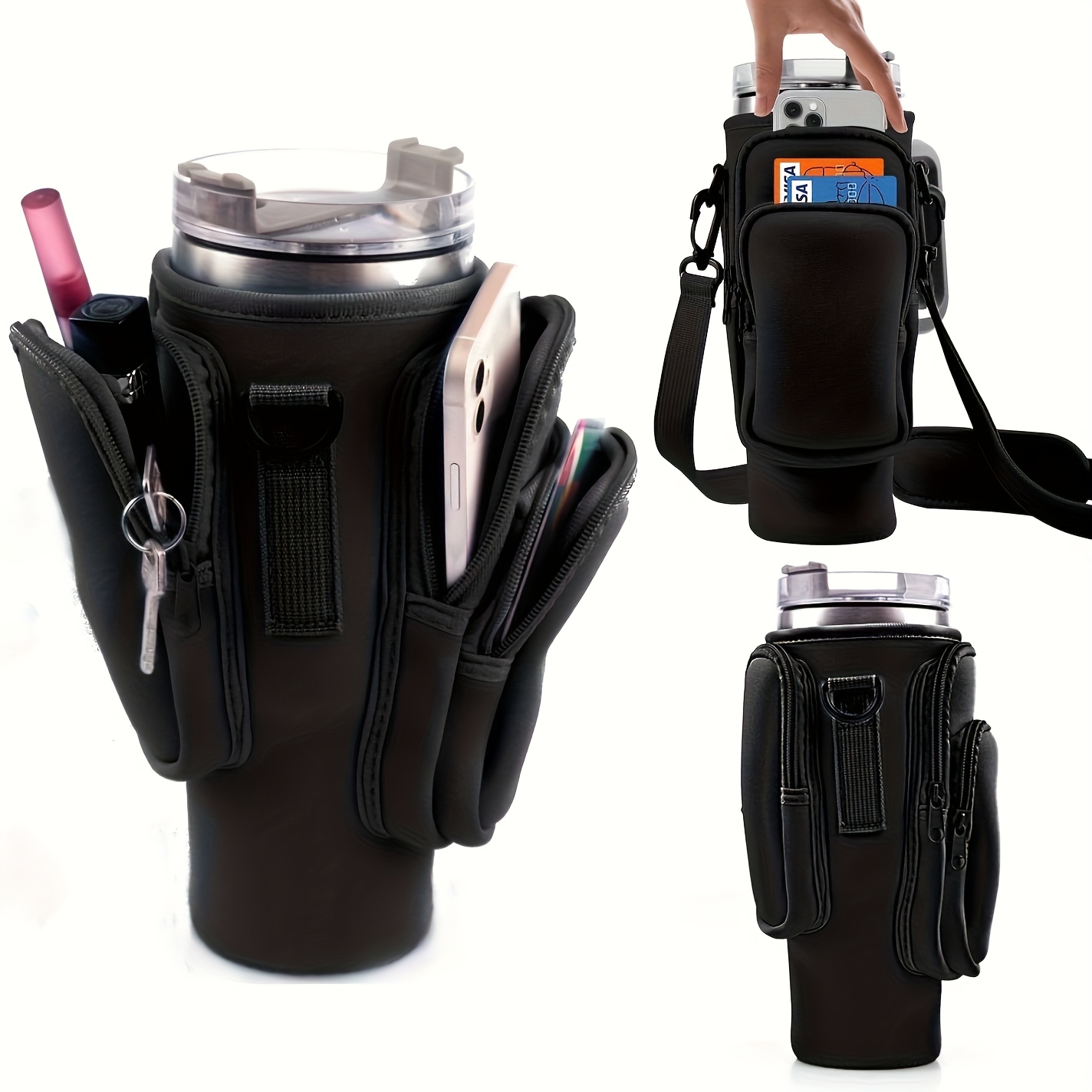 TEMU Premium Water Bottle Organizer Bag With Silicone Bottle Sleeve, Large Capacity With 3 Pockets, Fits 40- And 30- Bottles, Ideal For Carrying And