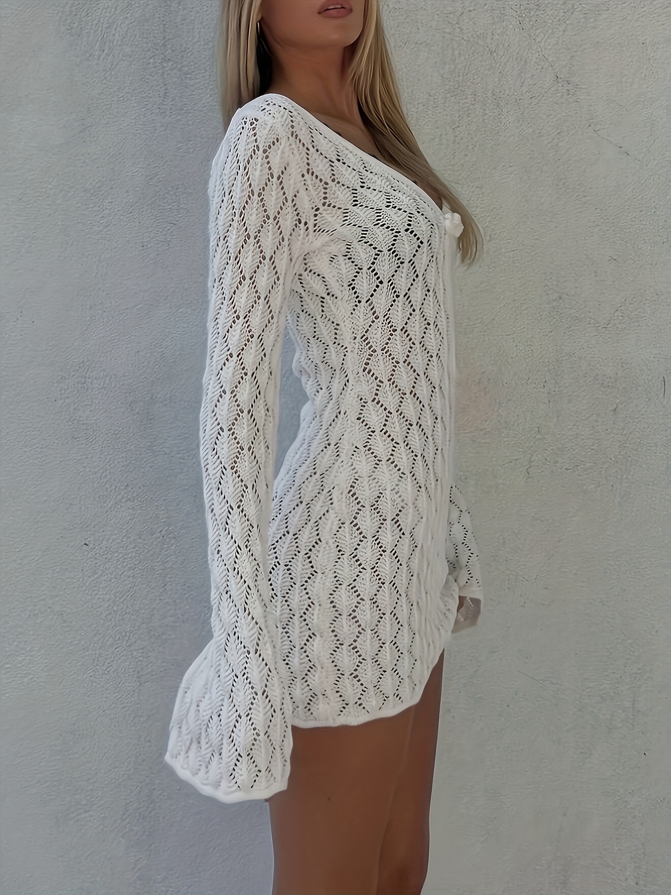 white christmas dresses Miss Circle Pamina Beige Crochet Long Sleeve Midi Flare Mermaid Dress S main image 0