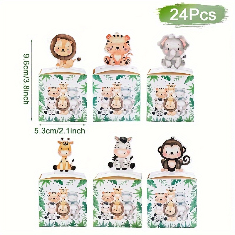 Image of 24pcs Jungle Animal Gift Boxes - Birthday Party Decorations With Giraffe, Elephant & Monkey Designs, High-quality Paper Gift Packaging Showers, Baptisms, Wild 1 Theme Parties, Birthday Decorations
