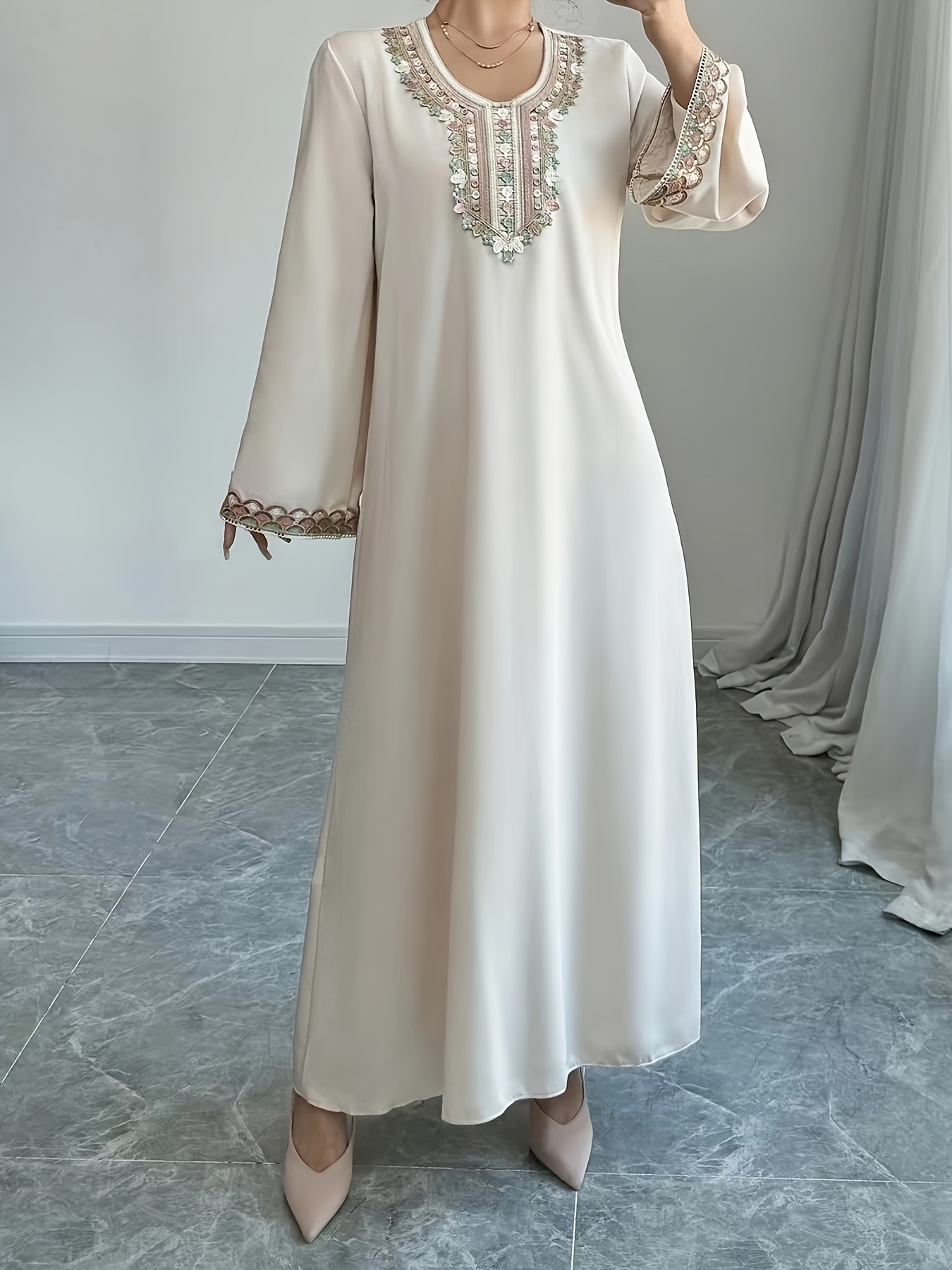 Plus Size - Elegant Plus Size Beige Maxi Dress with Intricate Embroidery -  Long Sleeve, Crew Neck, Flowing * * * Casual or Formal Occasions, Casual  Elegant Wear | Embroidered Detailing | Nonstretch ...