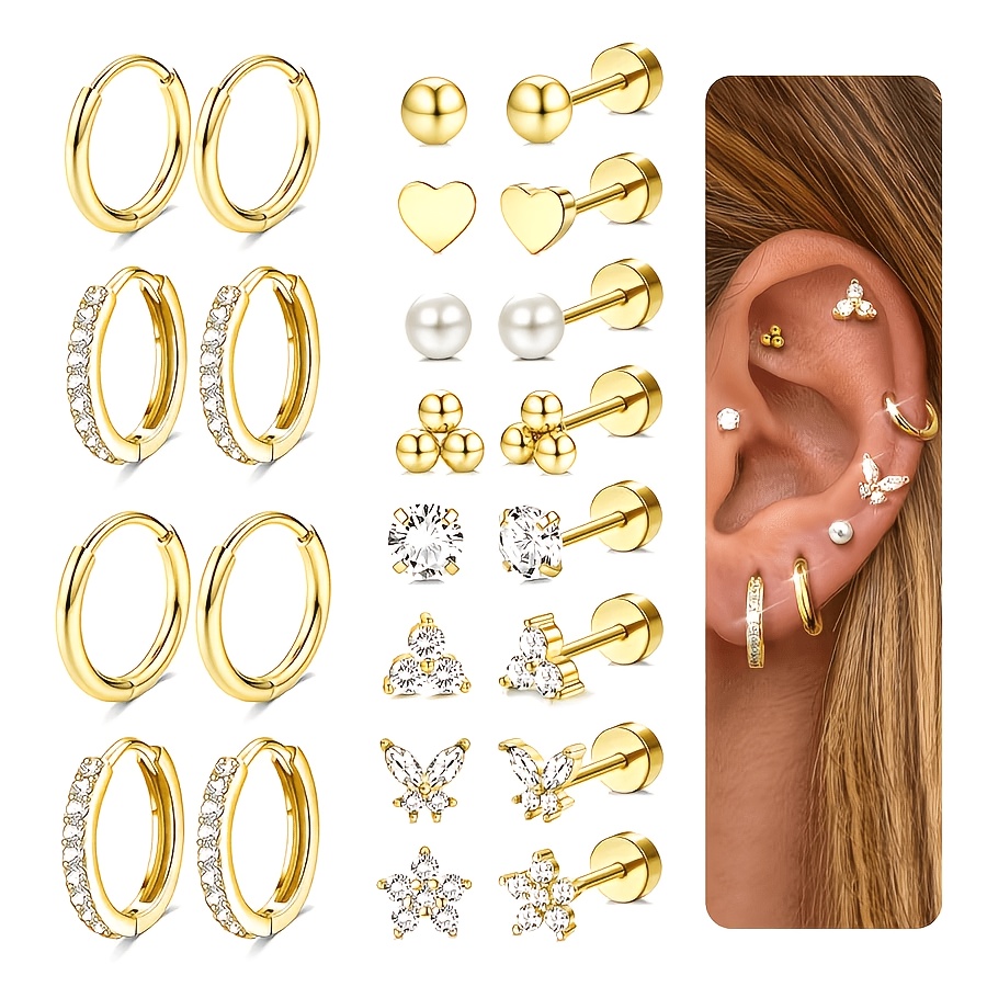 TEMU 12 Pairs Of Earrings, Unisex, Made Of Surgical Grade Stainless Steel, Hypoallergenic, Flat Ear Backs, Small Ear Hooks, Cartilage Earring Set,