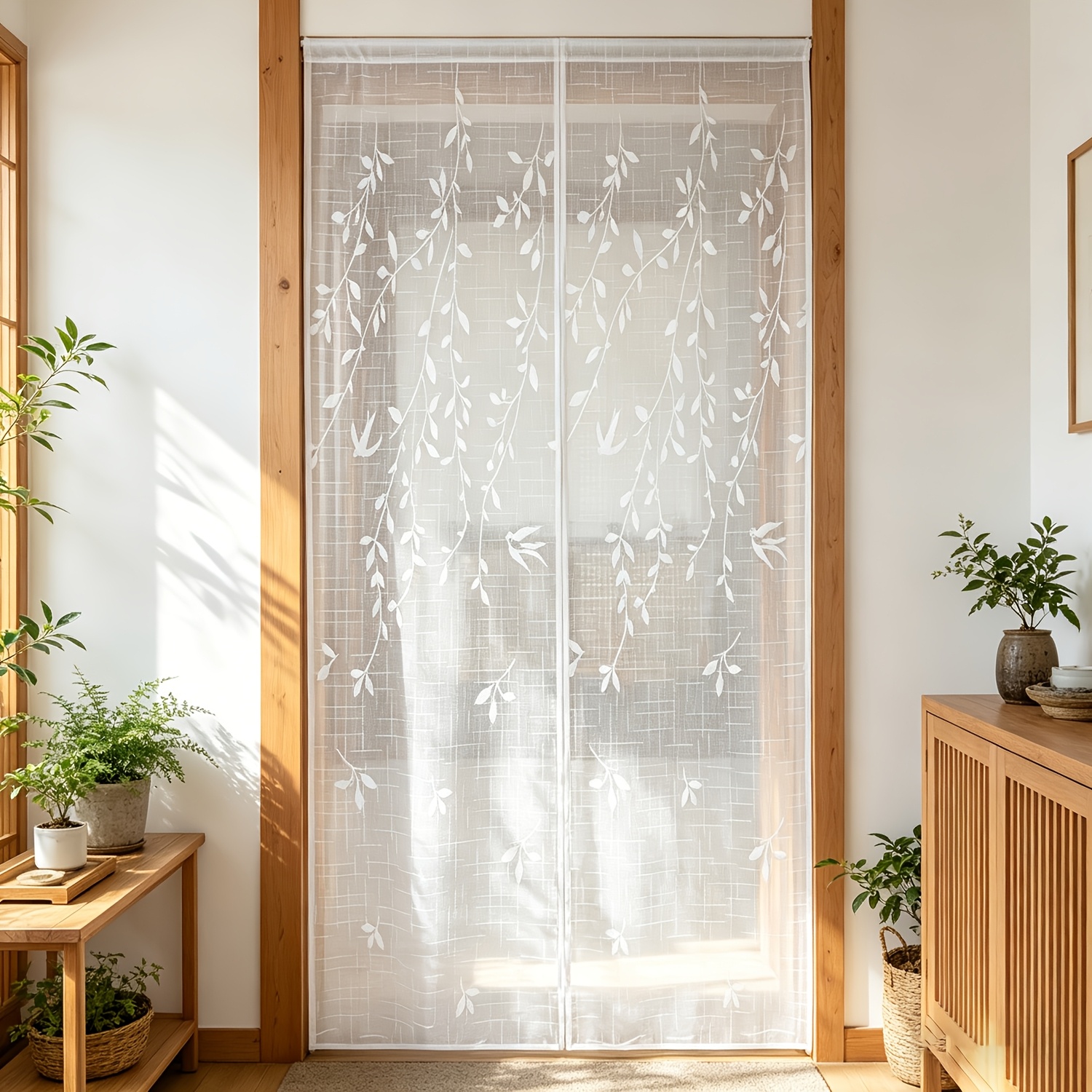 TEMU 1pc Japanese Noren Door Curtain, Semi-sheer Doorway Curtain With Willow And Bird Print, Privacy Room Divider For Kitchen, Bedroom, Bathroom, ,
