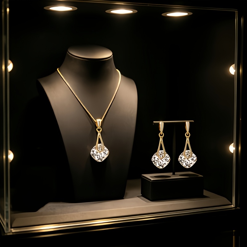 Image of 3pcs Women' Glass-inlaid Jewelry Set, Golden Teardrop Necklace And Drop Earrings, Elegant Wedding, Anniversary, Party Jewelry Gift