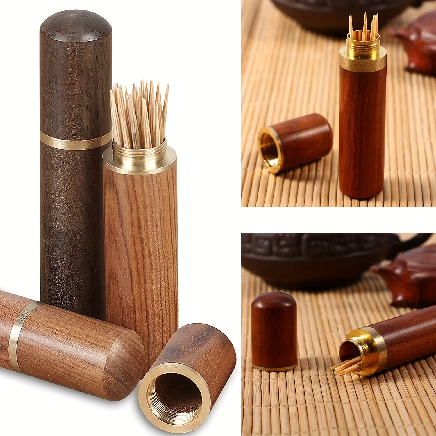 

1pc, Toothpick Holder Jar, Portable Sandalwood Toothpick Storage Holder, Handcrafted Toothpick Wooden Storage Box, Needle Case, Kitchen Table Accessories