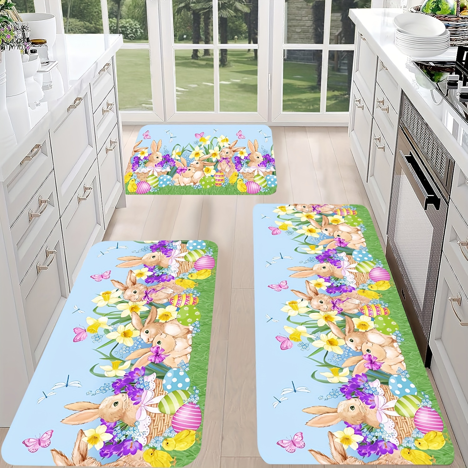 

2pcs/3pcs Easter Bunny And Eggs Non-slip Flannel Kitchen Mat Set - Machine Washable Polyester Rugs For Sink, Bedroom, Living Room, Dining Area - Easy To Decor