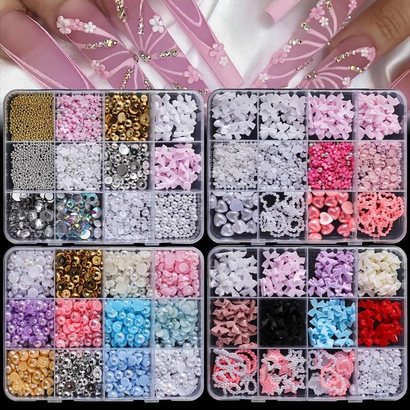 

500pcs Nail Art Decoration Kit - Hypoallergenic 3d Resin Bows, Flat Back Pearls, Beads & Assorted Shapes - Unscented Diy Craft Embellishments For &