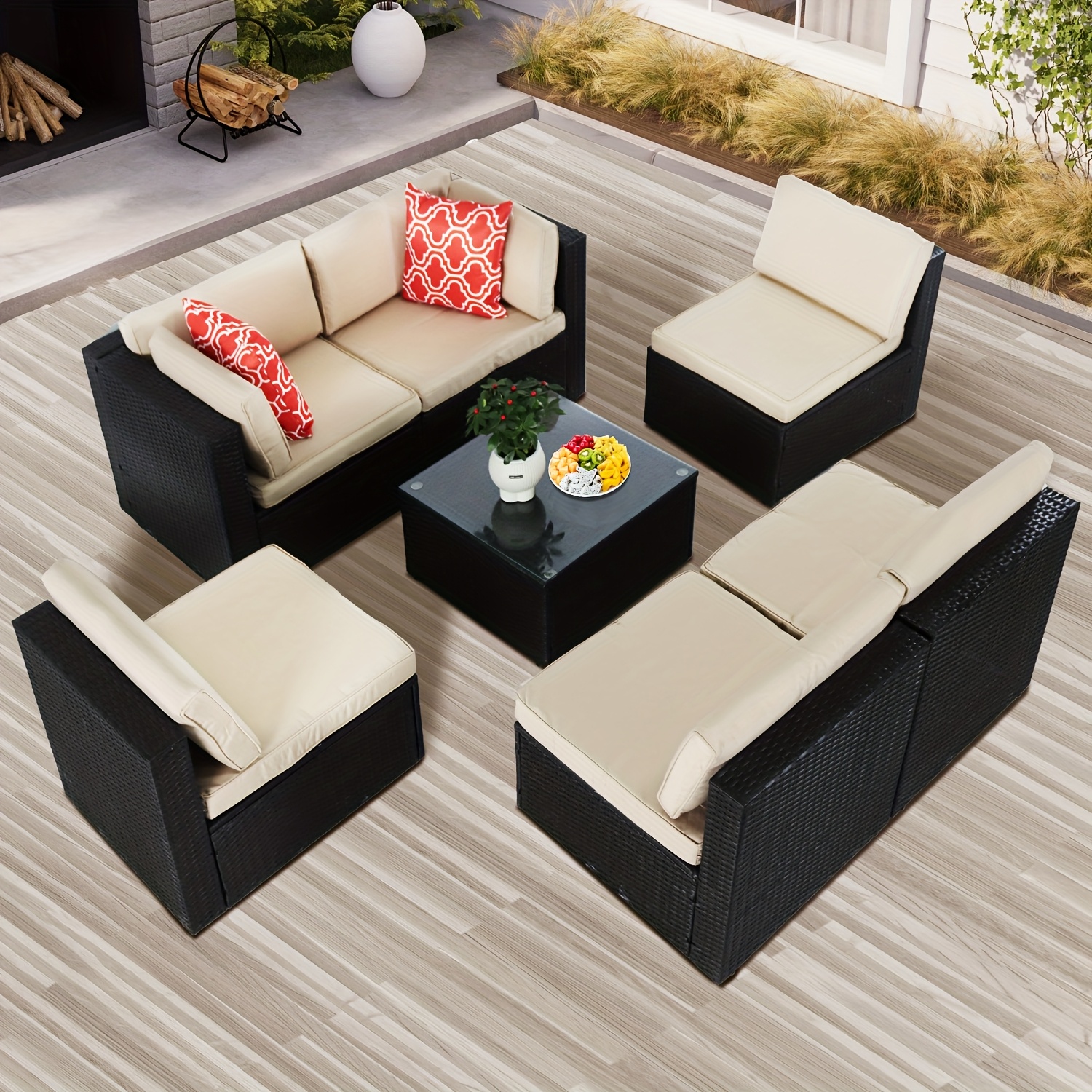 Outdoor Patio Furniture Set, 7pcs Wicker Sectional Sofa And Coffee Table, Plush Cushions With 2 Soft Pillows, Rattan Patio Set For Porch, Garden, Or Backyard (Beige/Blue) - Patio Furniture Outdoor