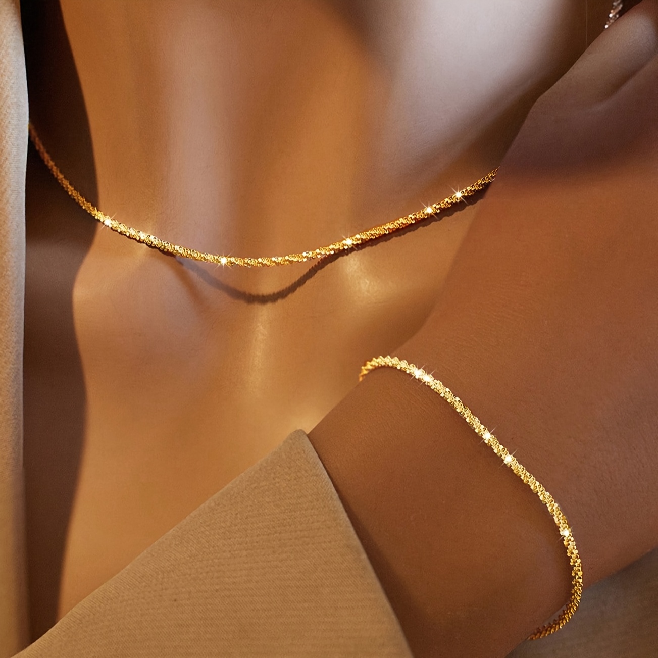 Image of 1 Bracelet + 1 Necklace, Versatile, Exquisite, Sparkling, Twisted Chain, Lazy Chain Style Jewelry Set, Suitable For Women' Party Matching