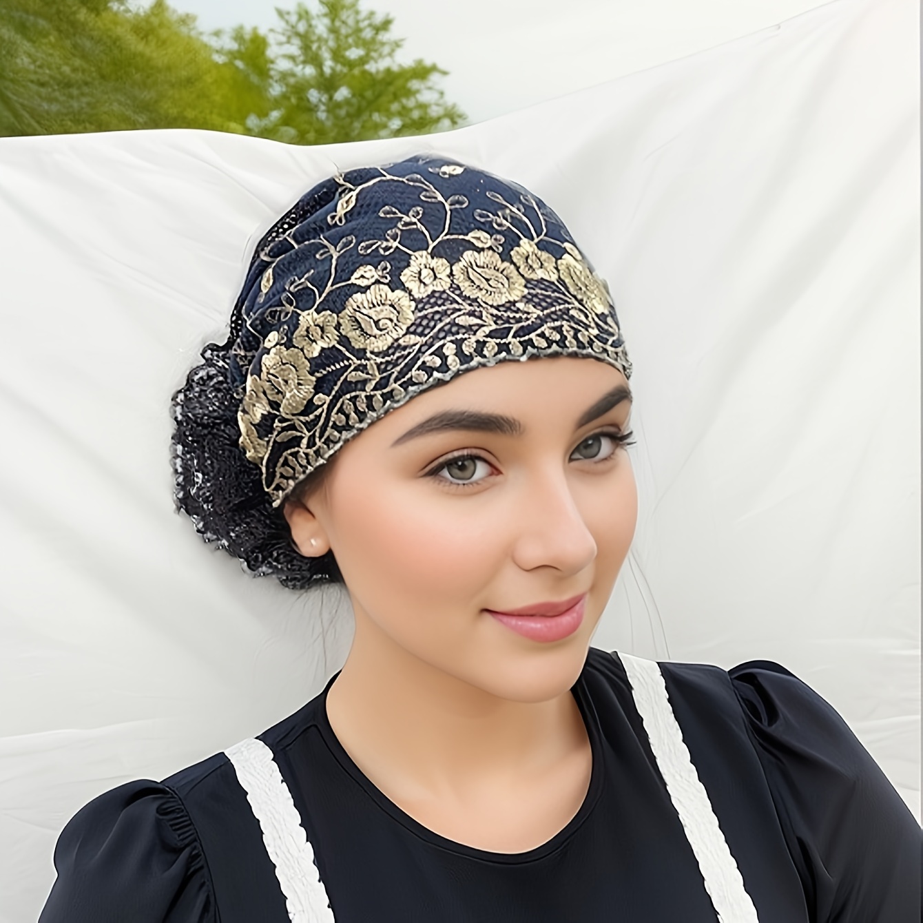 Image of Women's Embroidered Floral Breathable Elastic Head Cover, Multicolor Stretchy Casual Cute Bohemian Turban Hat For Hair Concealment And Daily Wear