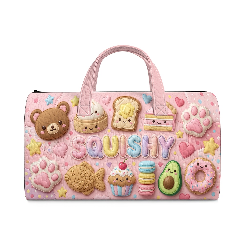 TEMU 1pc 1pcs Kawaii Bear Donut Quilted Tote Bag With Zipper Closure, Quilted Handbag Suitable For Travel, Gym,, Storage - Multifunctional Lunch Box