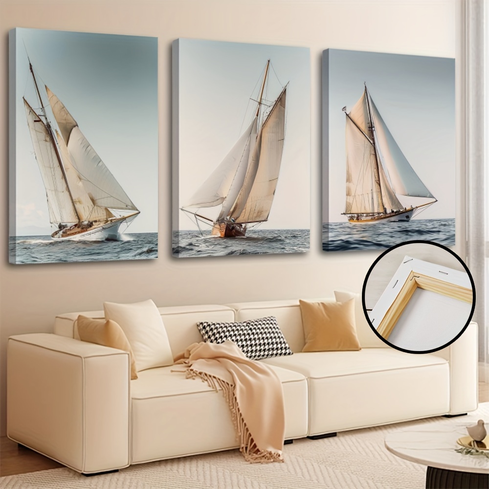 

3pcs Framed Canvas Poster, Sailboat Seascape Painting, Canvas Wall Art, Artwork Wall Painting For Gift, Bedroom, Office, Living Room, Cafe, Bar, Wall Decor, Home And Dormitory Decoration