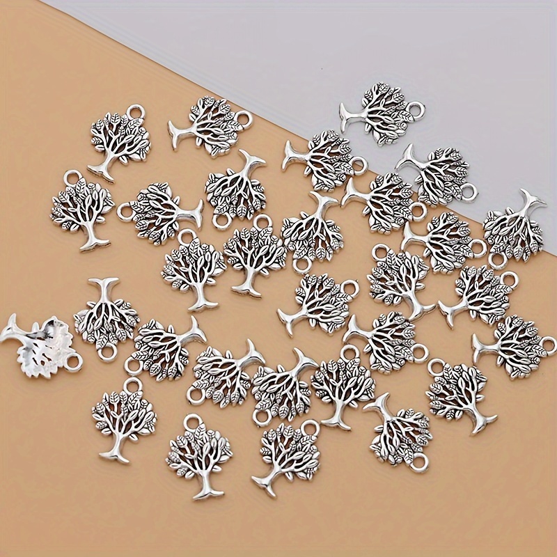 Image of 30pcs Ancient Silvery Tree Pendant Charms, Alloy Tree Pendants Tree Charms For Making Ideal For Bracelets And Necklaces Earrings Crafting Accessories