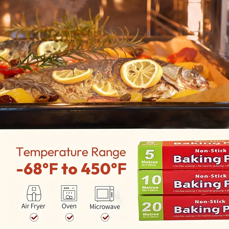 1 roll unbleached parchment paper non stick serrated cutter for baking cooking air fryer silicone oil resistant ideal for chicken fish vegetables more serrated nonstick paper Product details 6