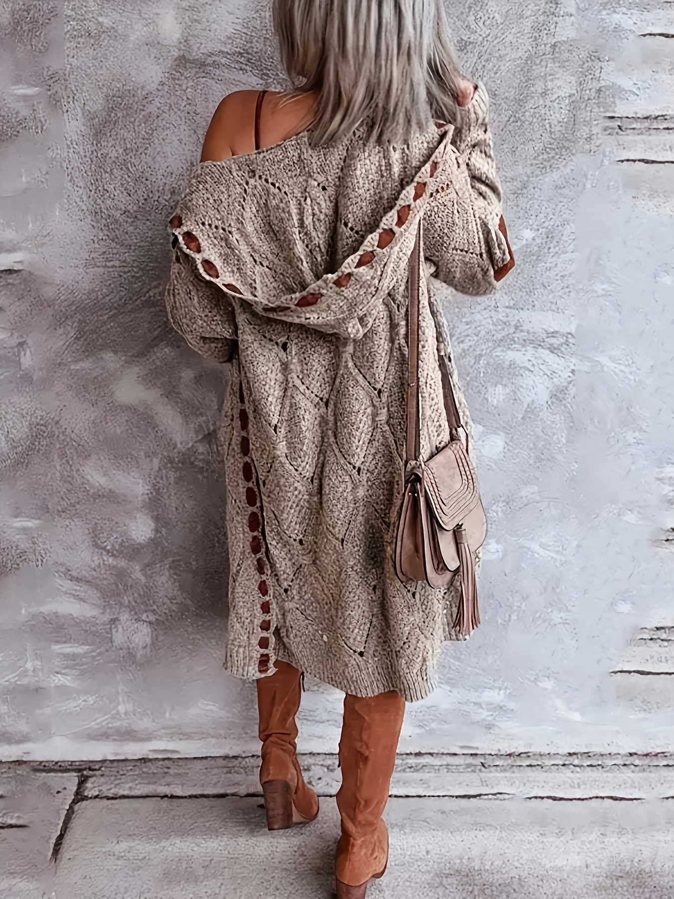 κομψό γυναικείο καρντιγκάν με κουκούλα και σχέδιο πλέγματος rachel - υψηλής ελαστικότητας ανοιχτό μπροστά για φθινόπωρο/χειμώνα, γκρι & καφέ, χαριτωμένο πουλόβερ Στοιχεία είδους 3