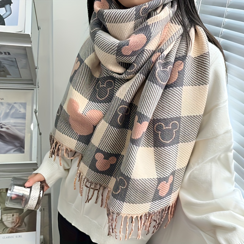 TEMU Cozy Double-sided Bear Pattern Scarf - Thick, Warm Knit For Winter, Casual , Women'