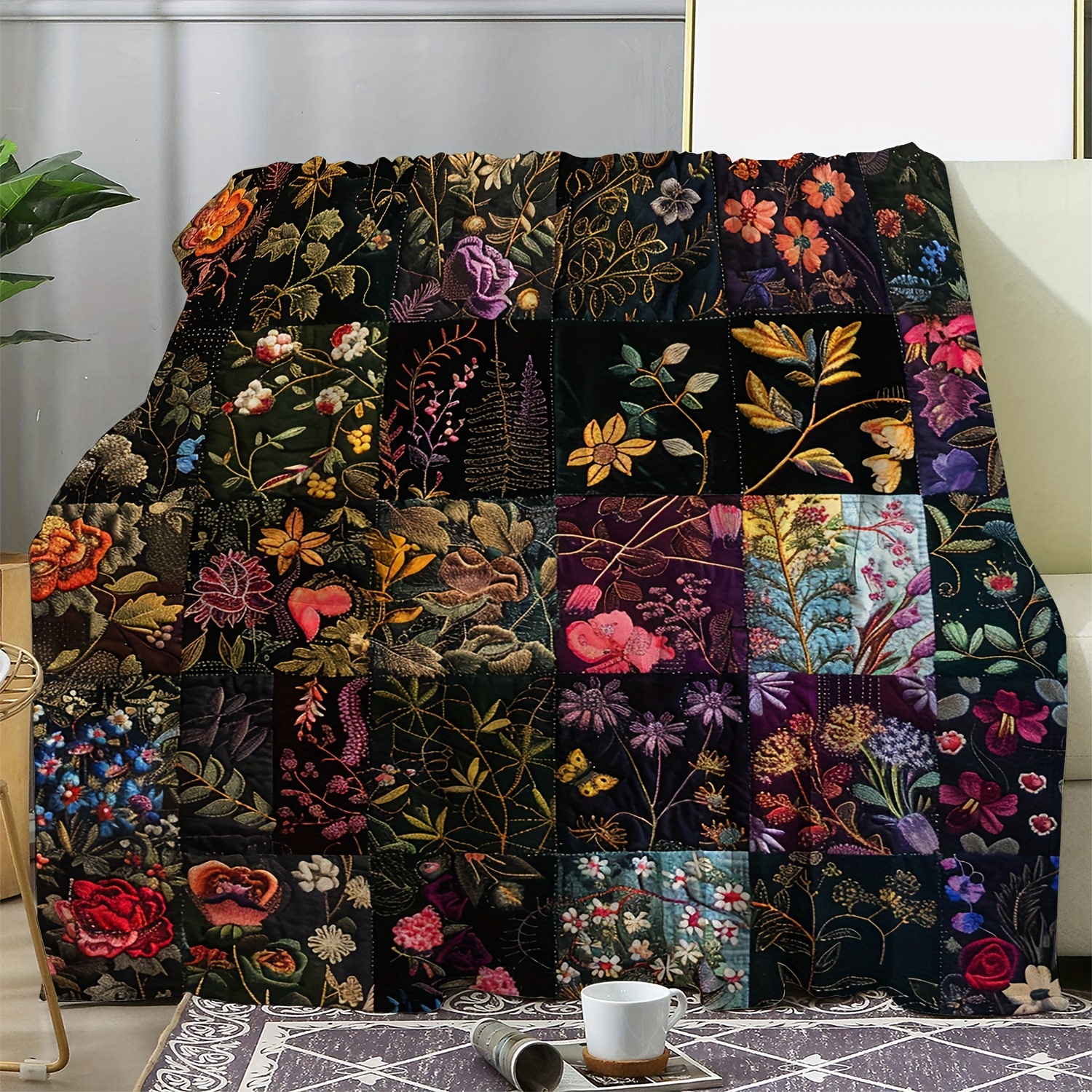 

Vintage Rectangular Patchwork Blanket With Greenery And Floral Prints - Soft And Comfortable For Sofa, Bed, Car, Office, Camping, Travel, Or As A Gift For All Seasons
