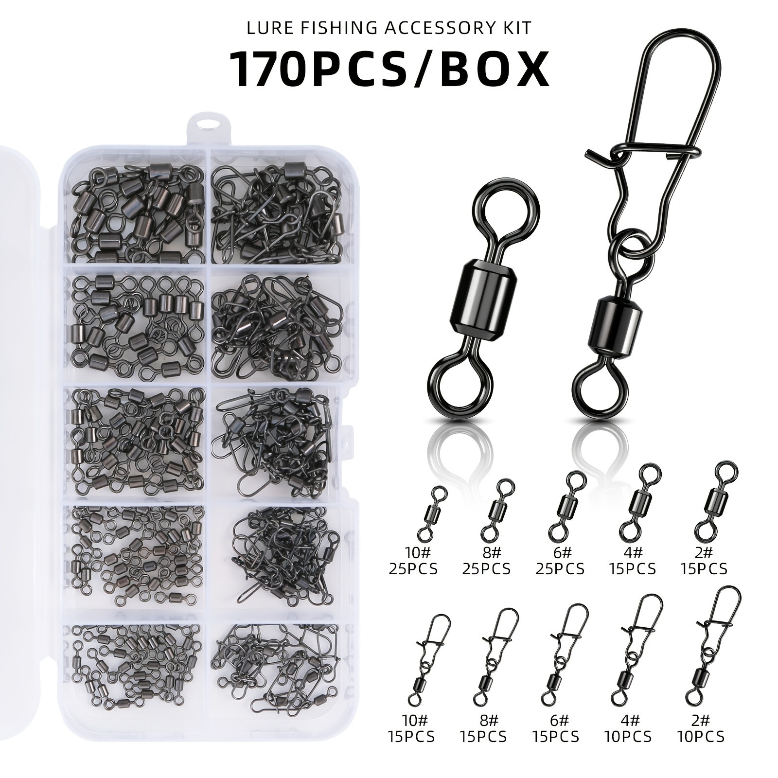 TEMU 170pcs Lure Swivel Set Enhanced Pin Ring Connector Stainless Steel Strong Pull Force Snap Fishing Additions