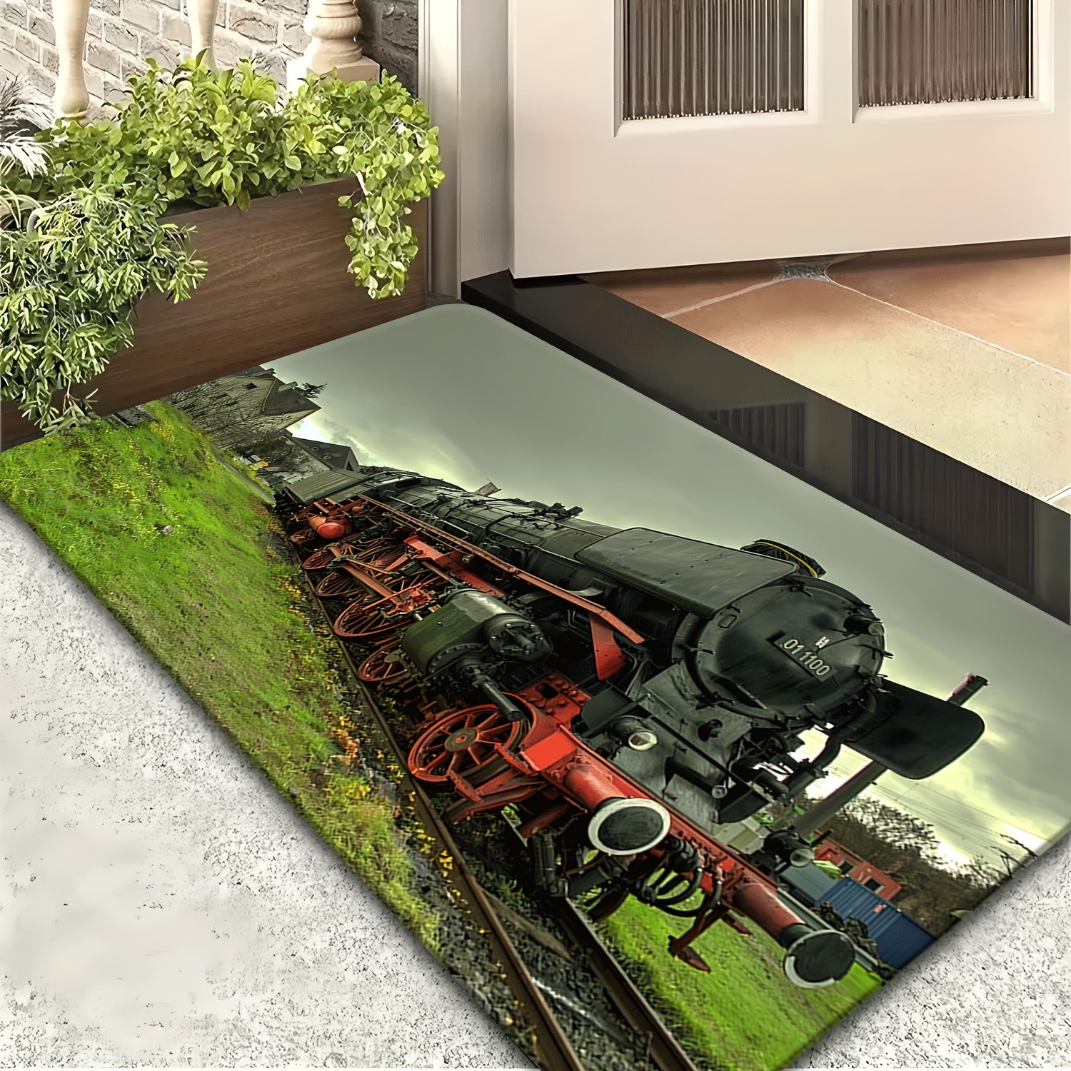 TEMU 1pc Ultra Soft Flannel Non-slip Mat, German Railway Pacific Steam Pattern Print Doormat, Machine Washable Fade-resistant, Suitable For Kitchen,