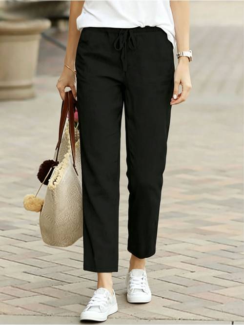 womens ankle solid color casual straight leg pocket button up all match pants