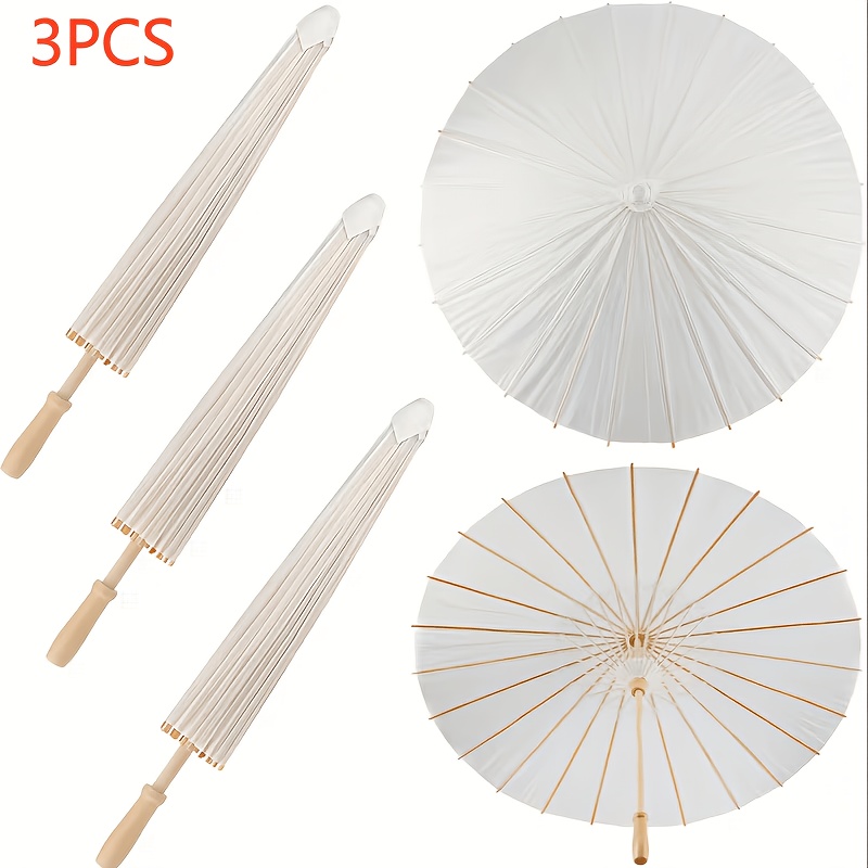 Image of 3pcs 60cm White Paper Umbrella Parasols - , Wooden Handle, Uv-resistant, Manual Open, Ideal For Weddings, Photos, Cosplay, Parties, Beach Decoration