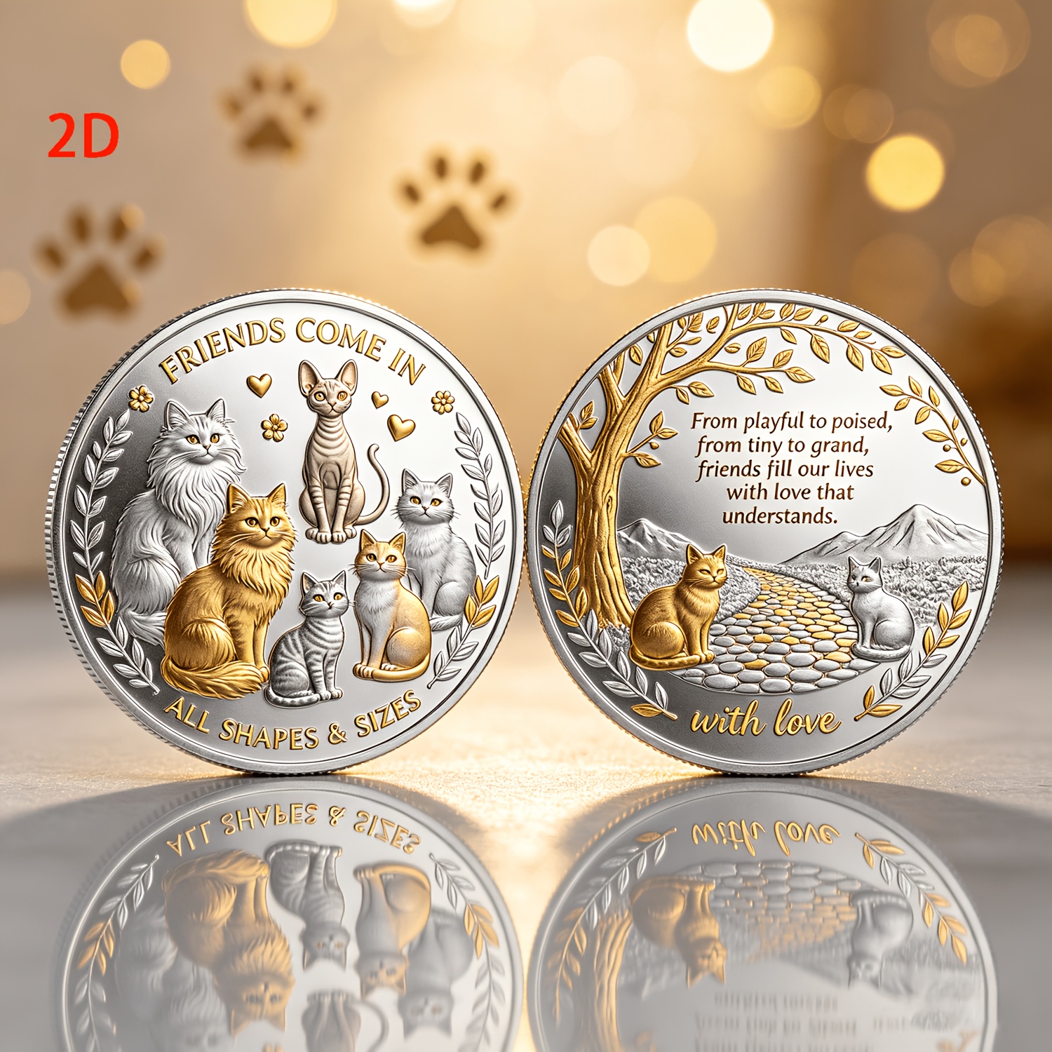 TEMU 1pc, Pièce Commémorative Rétro Métallique Double Face 2D - Thème Chat - avec Groupe de Chats Enveloppants et "FRIENDS COME IN & SIZES" - Arrière