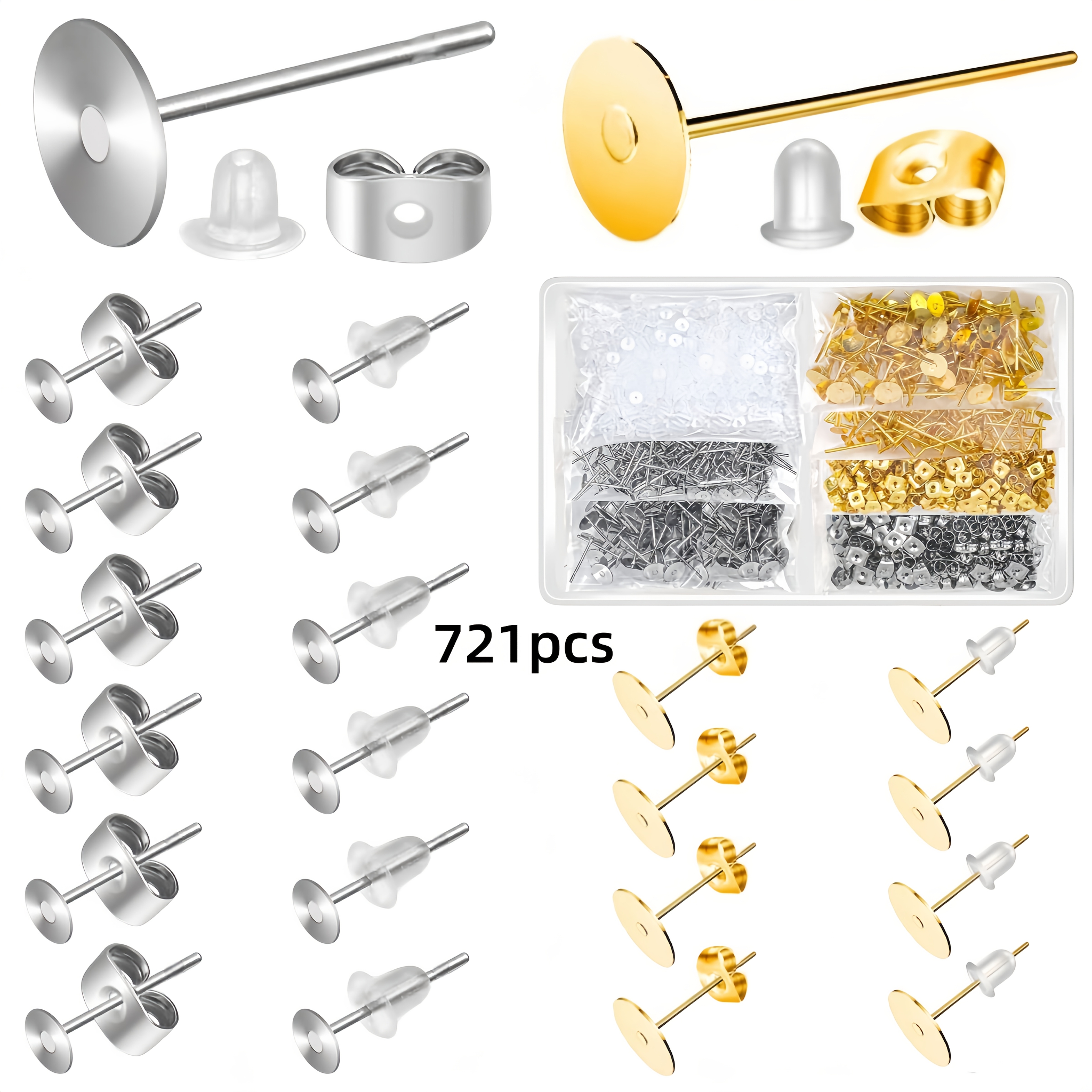 TEMU 1 721 Piezas de Postes y Cierres de Acero Inoxidable Hipoaergénicos, Kit para Hacer Aretes con Base y Cierres para de Joyería