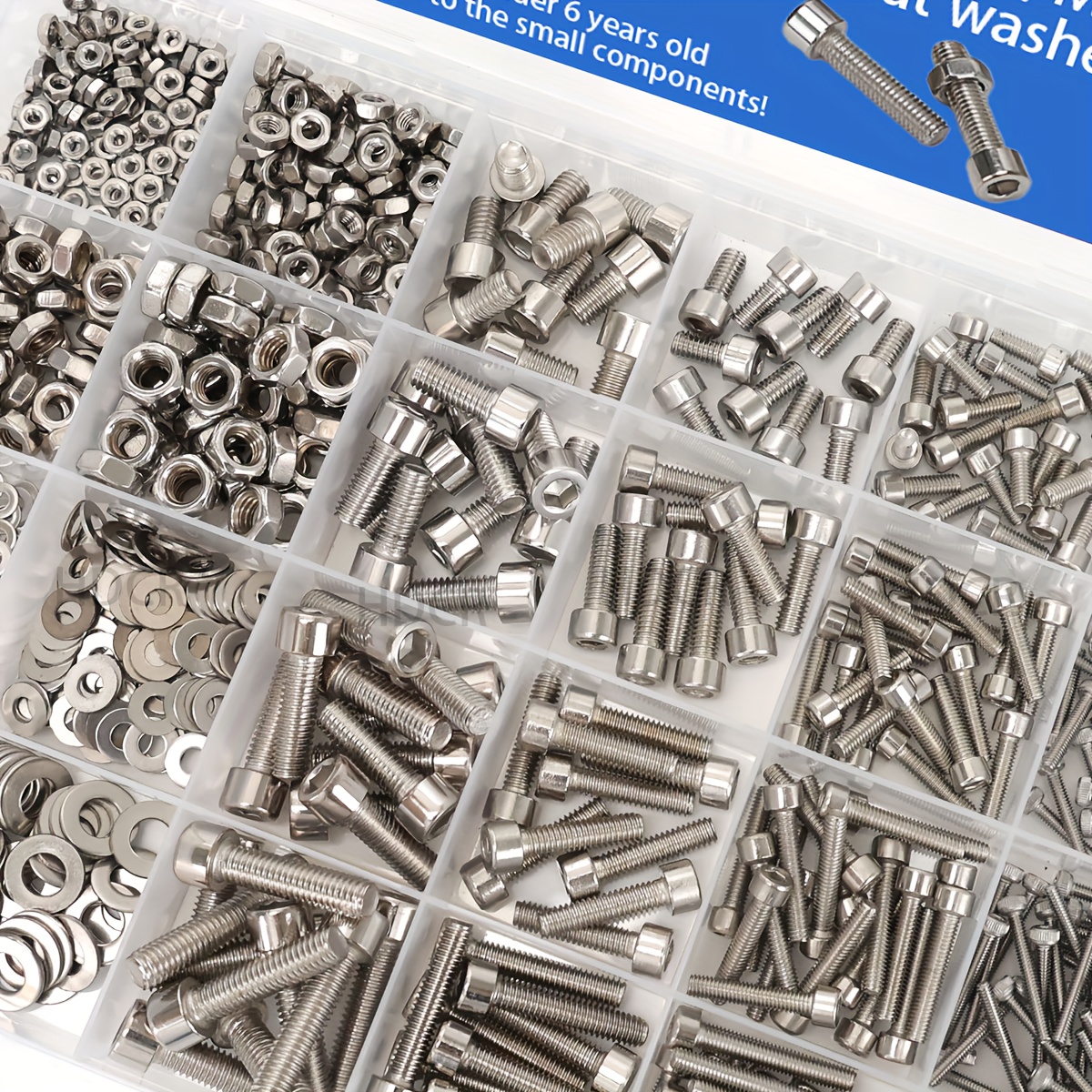 Juego de 480 piezas de tornillos y tuercas hexagonales de acero inoxidable - M2, M3, M4, M5, cabeza hexagonal - Incluye llave de fregona plana