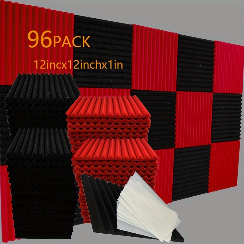 96pcs Black Red 30cm X 30cm X 2.5cm Foam Acoustic Wedge Studio Foam Sound Absorbing Wall Panels 96pcs Black Red Instrument Recording Soundproofing Material