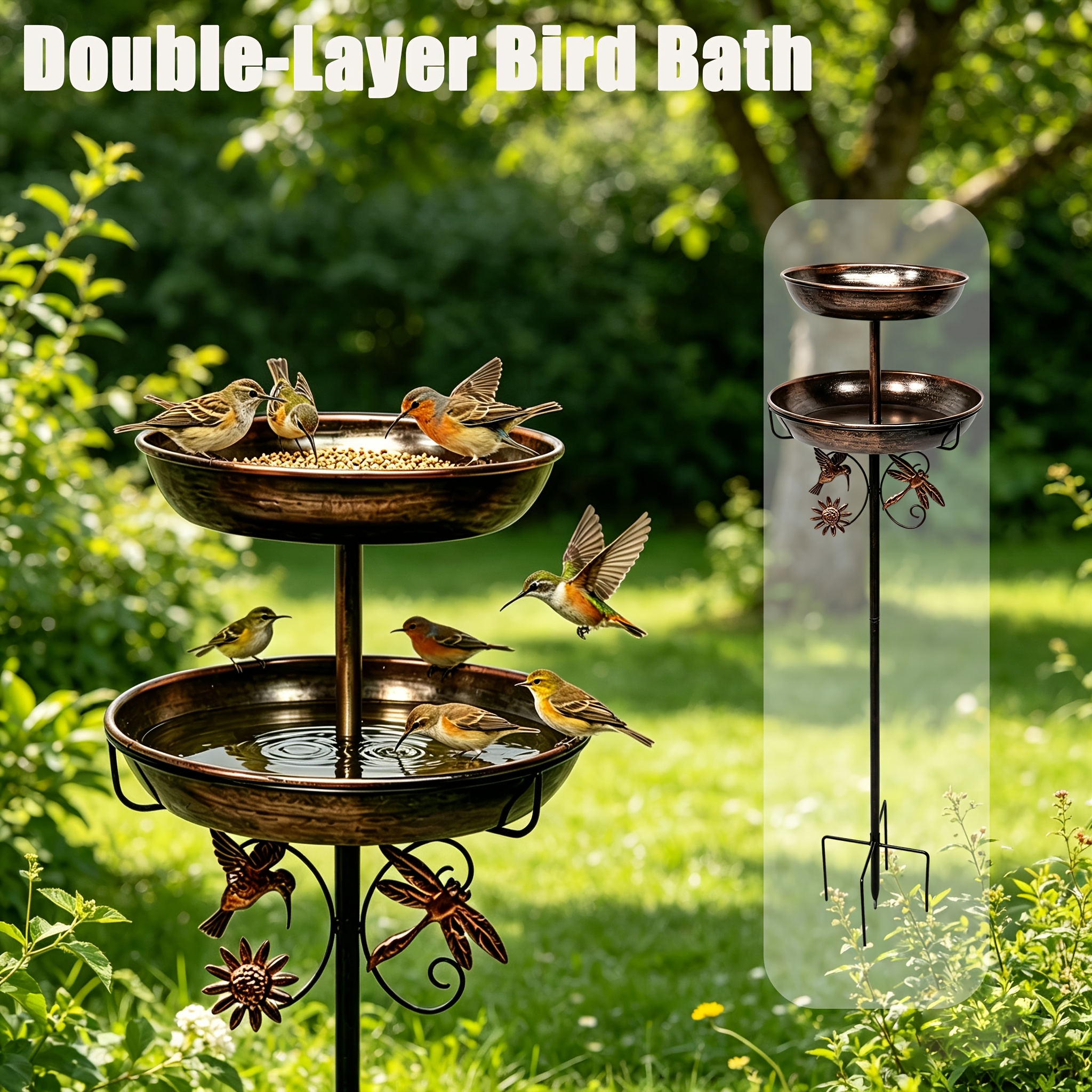 TEMU 44-inch 2-tier Metal Bird Bath & Feeder, 10-inch & 12-inch Bowls, Heavy-duty 5-prong Base, Rust-resistant Vintage Bronze Outdoor Garden Decor,