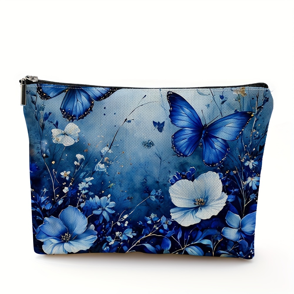 

Blue Butterfly Flower Makeup Bag, Cosmetic Bag Lipstick Small Items Zip Pouch, Women's Gift, Stationery Bag, Elegant Floral Design, Travel Organizer Accessory